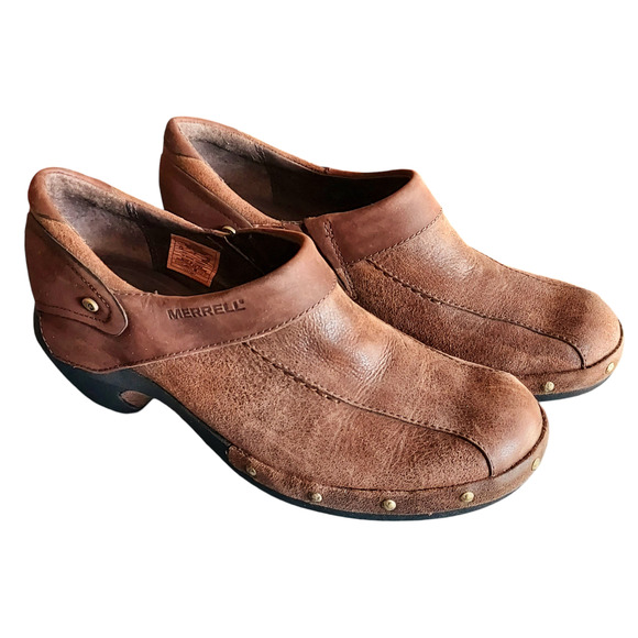 Merrell Luxe Wrap Espresso Brown Oiled Nubuck Leather Womens Clogs Stud Trim 7.5 - Picture 2 of 9